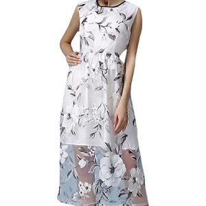 Floral 1/2 Sheer Sleeveless Maxi Long Dress NEW
